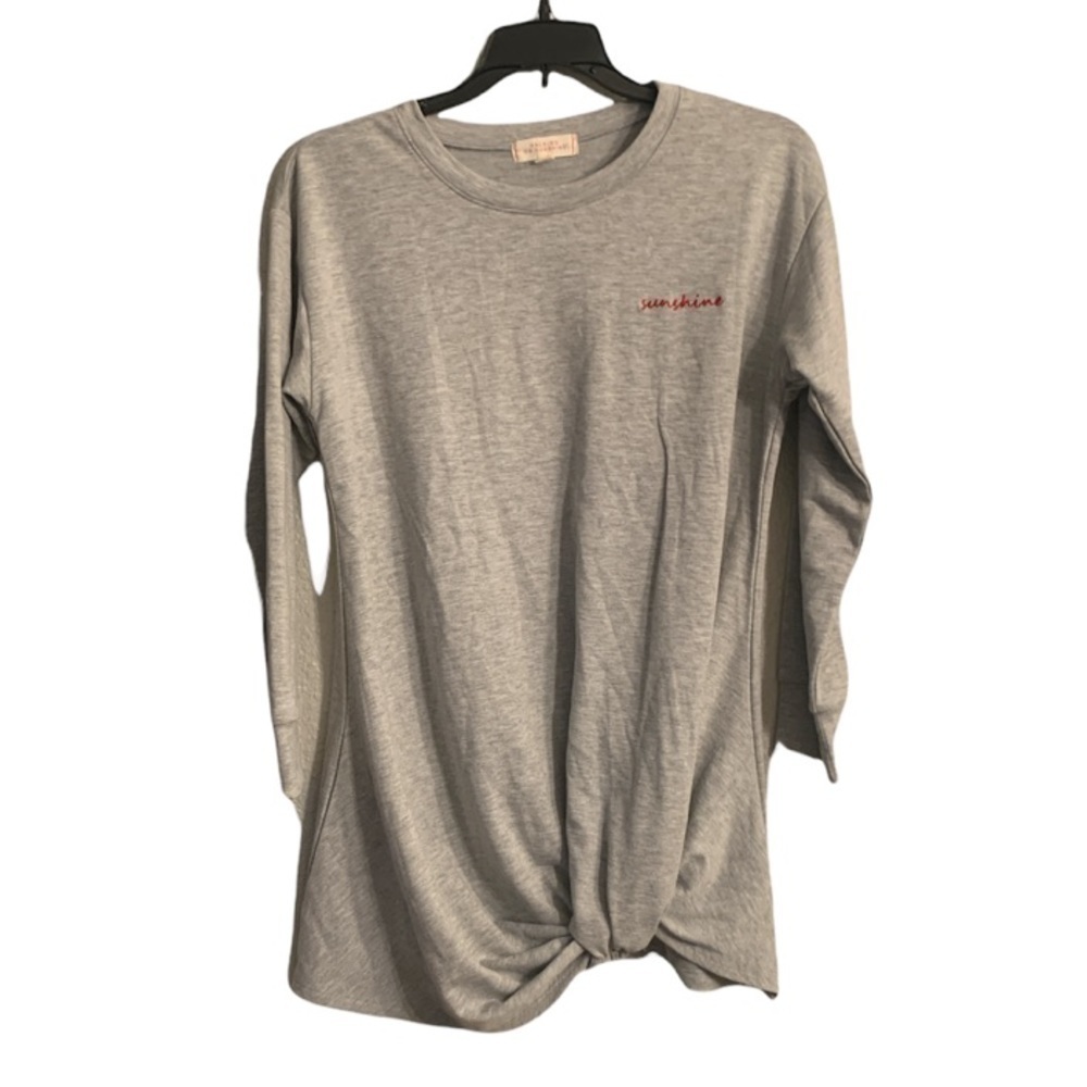 Walking on Sunshine Gray ‘Sunshine’ Embroidered Twist Front Long Sleeve Top XXL